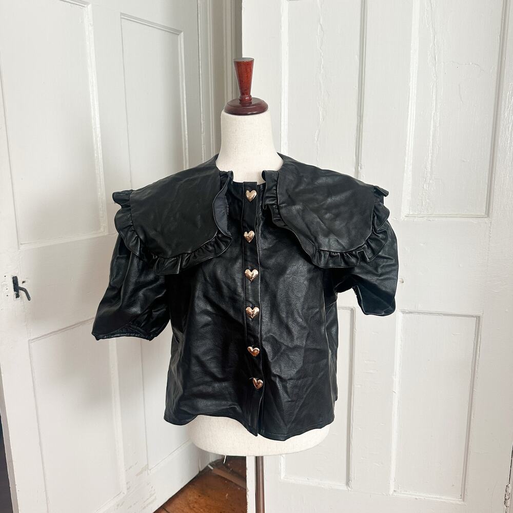 Sister Jane Faux Leather Puff Sleeve Heart Top